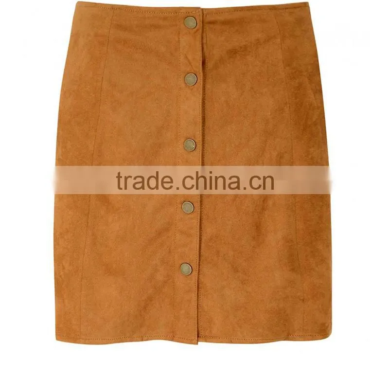 New Women Tan Suedette Button High Waist Skirt