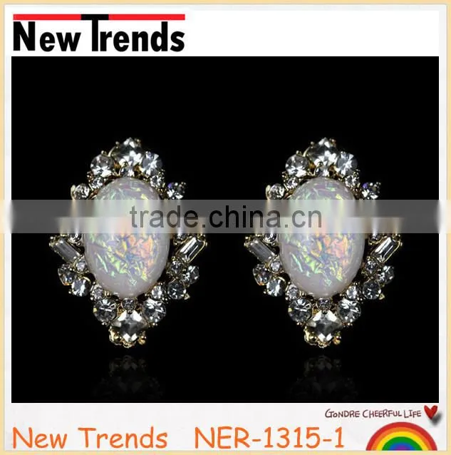 Newest large green stone earring stud with crystal beads