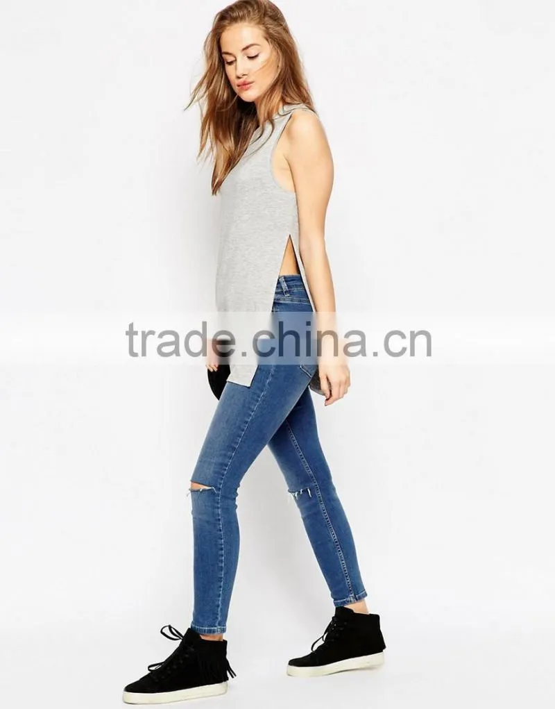 Wholesale women apparel longline top with side split sleeveless blouse patterns