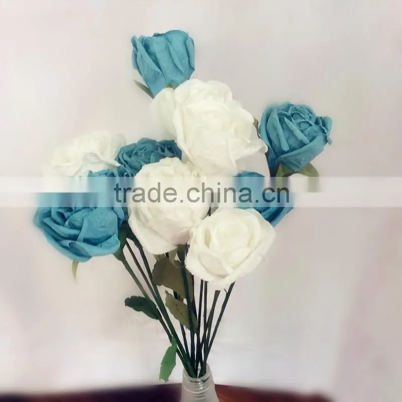 wedding decoration rose, blue & white crepe paper rose, party decoration rose