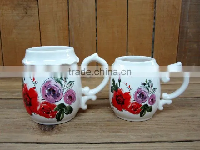 Cute 6 Ceramic Tea Coffee Cups with Purple Ceramic Tray Set for Home/ Office
