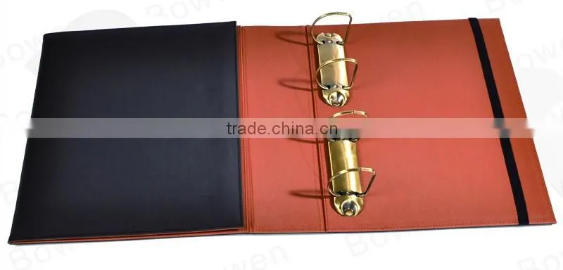 Three fold leather file folder with metal D ring binder and elastic band