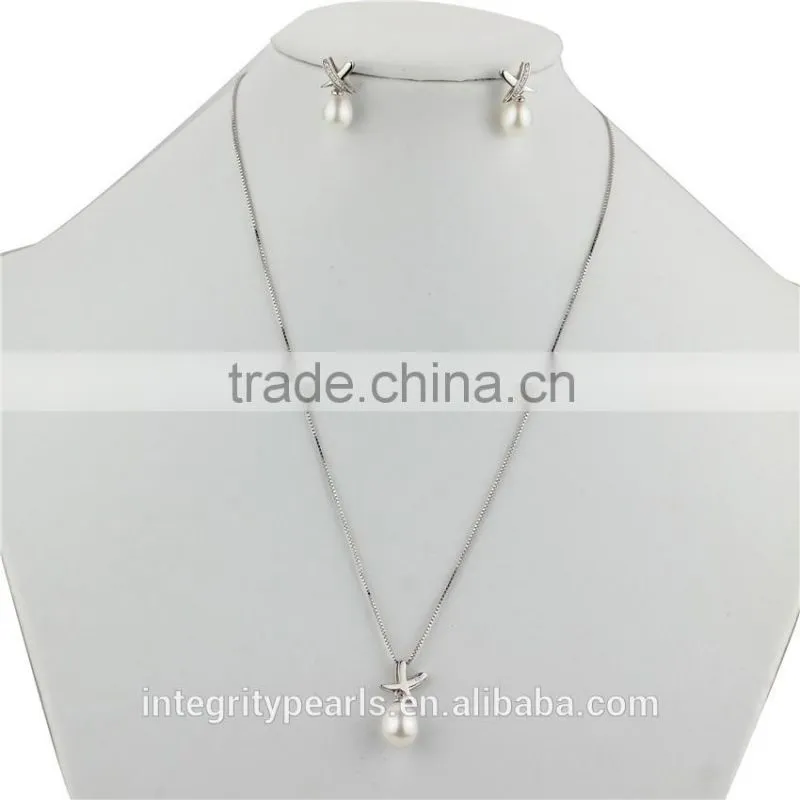 best price hot selling fashion top quality 925 sterling silver necklace&earrings natural pearl jewelry set for women