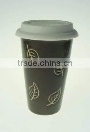 leaf design hand printing double wall ceramic mug with silicon lid