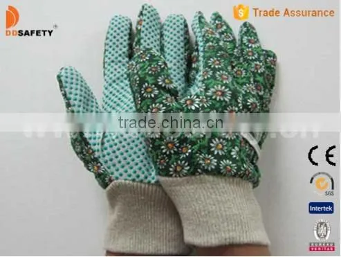 DDSAFETY Green Dots On Palm Flower Design White Knit Wrist Women's Garden Gloves