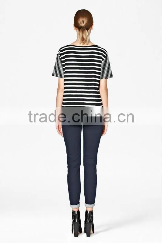 Scoop Neck Short Sleeve Striped T-Shirt with Patched Pocket