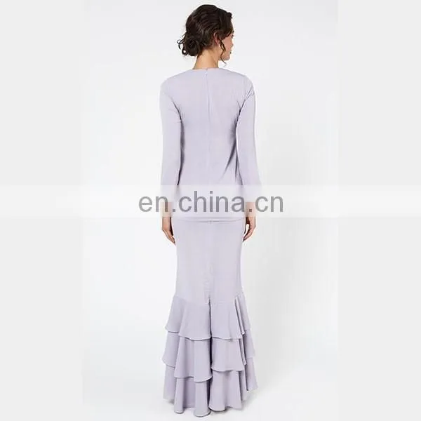 Elegant purple baju kurung modern ruffle design bell sleeve muslim dress