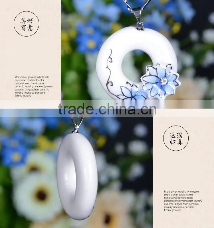 Czech diamond paved enamel famille rose porcelain glazed pendant necklace