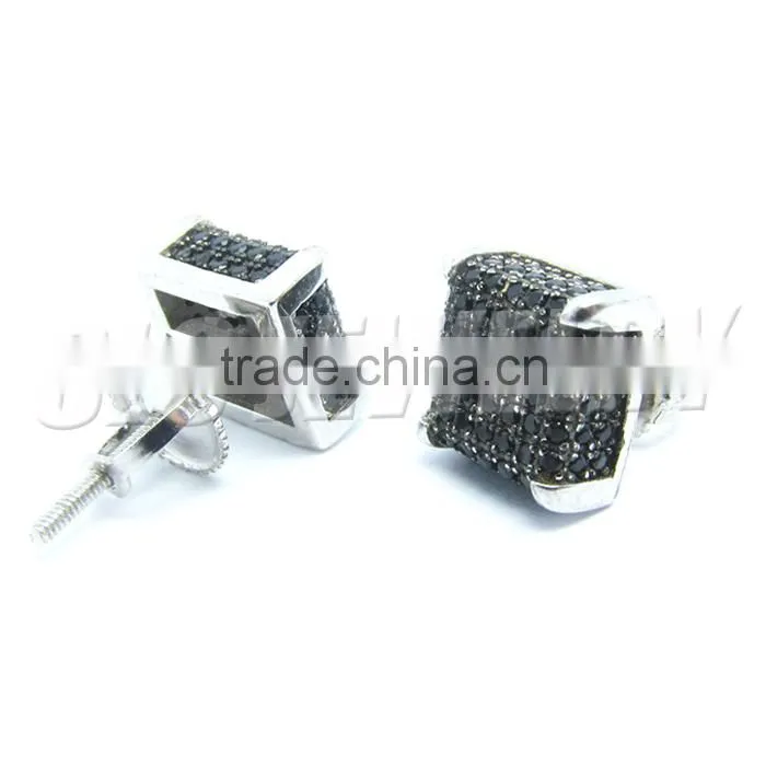 925 sterling silver fashion jewelry earring with black Zircon Stone, Screw needle square earring silver jewelry