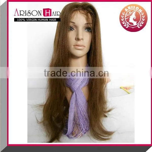 Human Hair Color 4# Yaki Straight Full Lace Wig