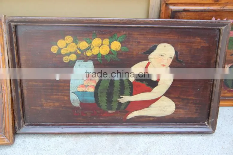 antique Chinese painted wood picture board