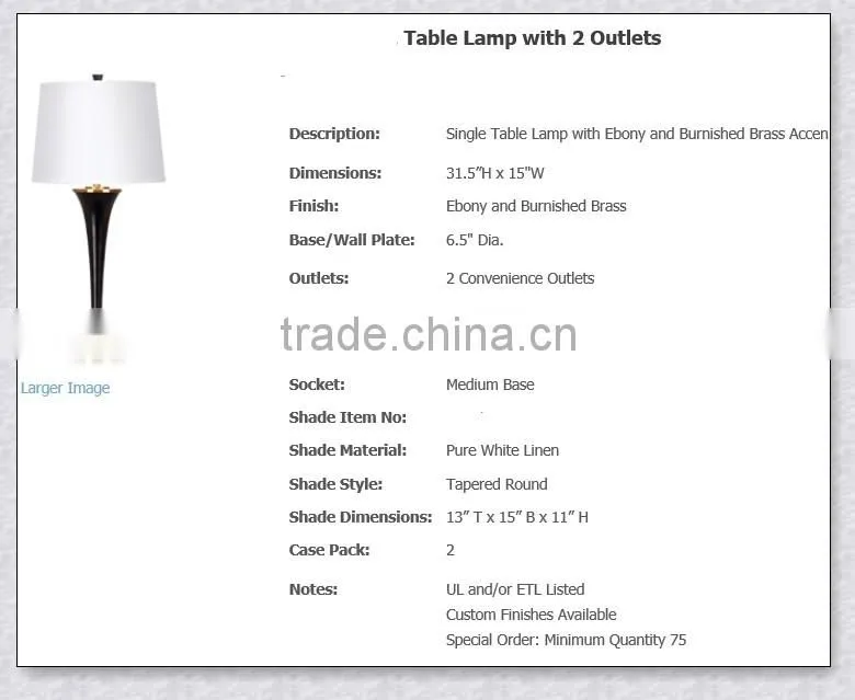 UL Approved Hotel Room UL Listed Light Fixture/Decorative Lamp with 2 outlets for HC-H069