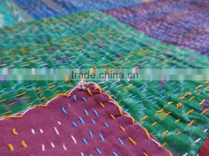 Queen Patchwork Kantha Quilt, Handmade bedspread India, Printed Patches, Cotton Bedspread