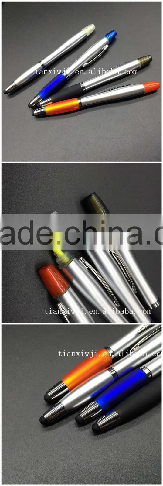 3 in 1 Plastic stylus Pen with Highlighter