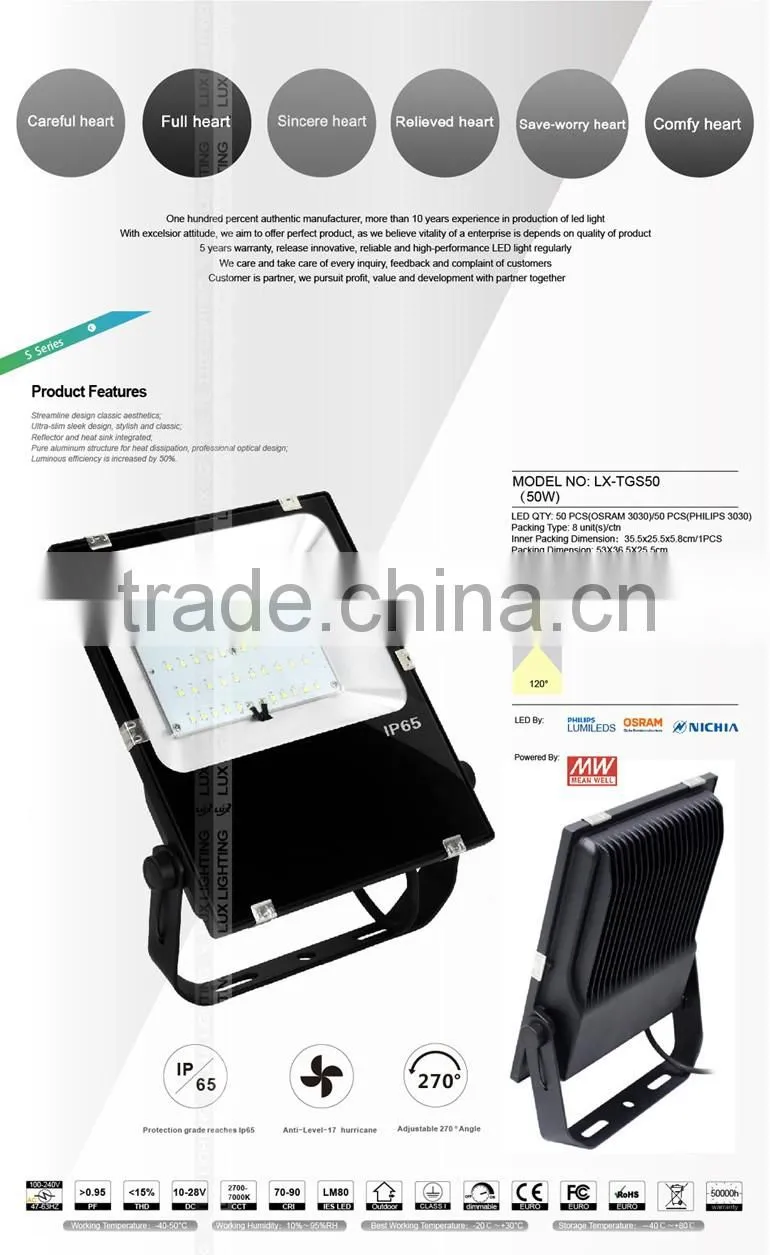 2016 CE Rohs Approved Shenzhen Factory Promotional Price Meanwell Driver Free Lighting Design 50W LED Flood Light Fixture