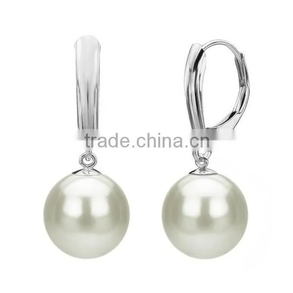 14k Gold Round White Freshwater Culture Hanging Pearl Earrings