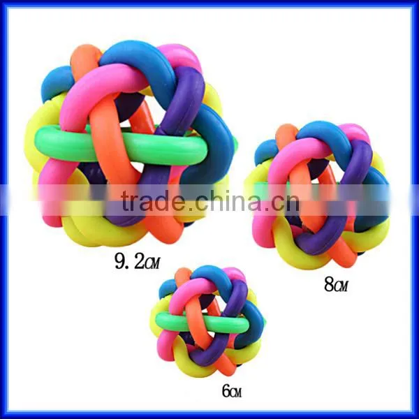 Colorful rainbow soft rubber dog chew bell ball, TPR woven teeth-cleaning pet toy chew bell ball