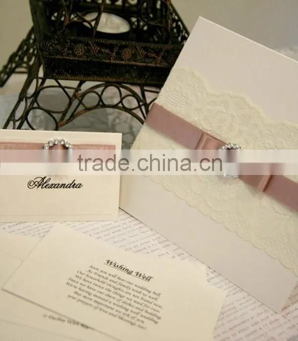 2016 newmengxing handmade fancy ivory lace wedding invitation