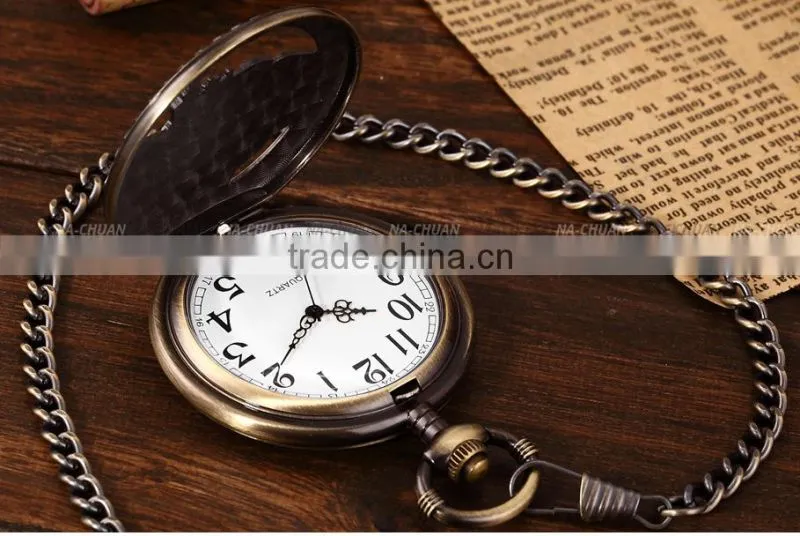 Bronze Steam Train Men Analog Necklace Chain Pocket FOB Quartz Watch