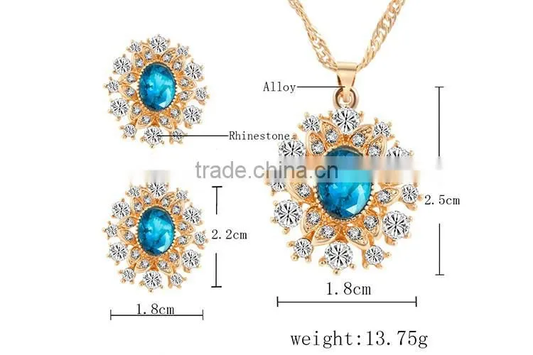 High quality big green stone korea wedding necklace and earring sets gold jewellery