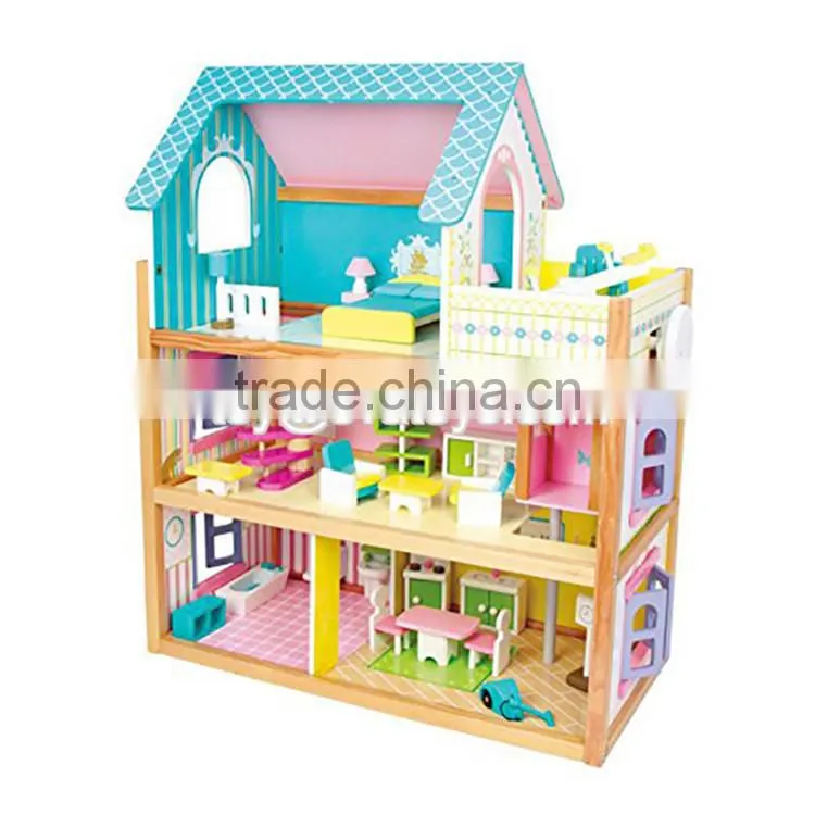 Best design toddlers pretend toys wooden crafted small dollhouse with furniture W06A231