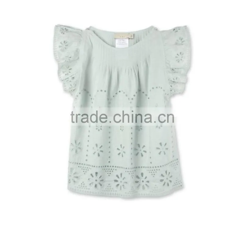 Latest Fancy Pretty Broderie Anglaise Blue Cotton Girls Top With Frilled Sleeves Kids Childerens Boutique Clothing HSd5108
