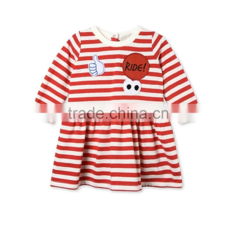 Soft Cotton Stripes Baby T-shirt Dress With Badge Appliques Kids Frocks Designs Dress Gril Dresses HSD5474