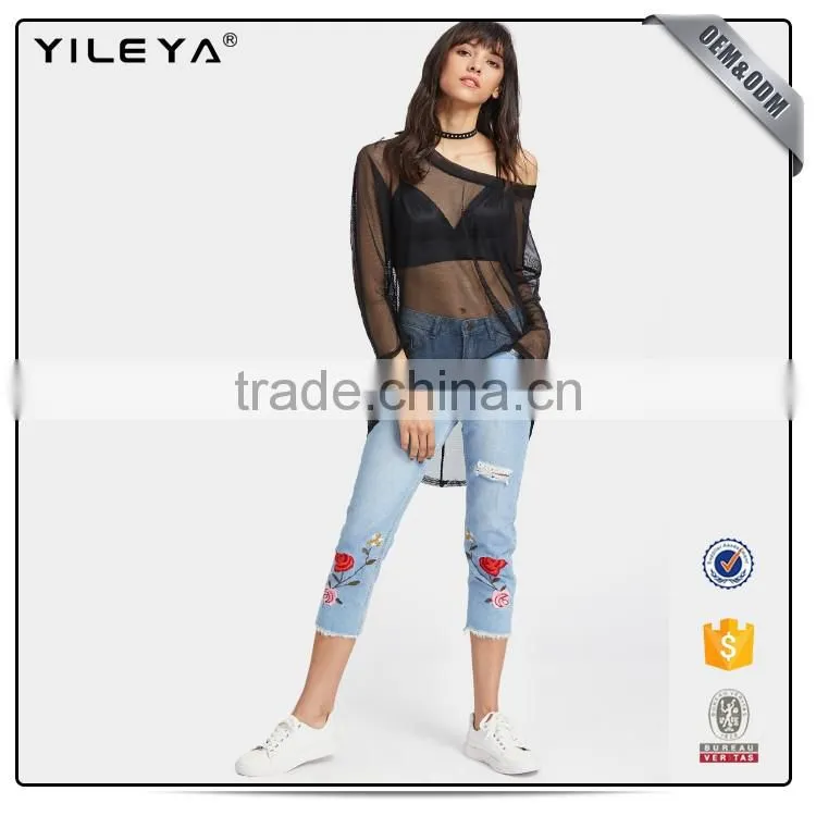 2017 fashion slim fit straight leg high waisted embroidered denim pants casual women's jeans