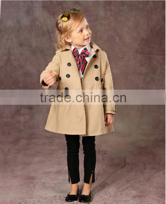 Latest fashion firls clothing double buckle long sleeve girls trench coat