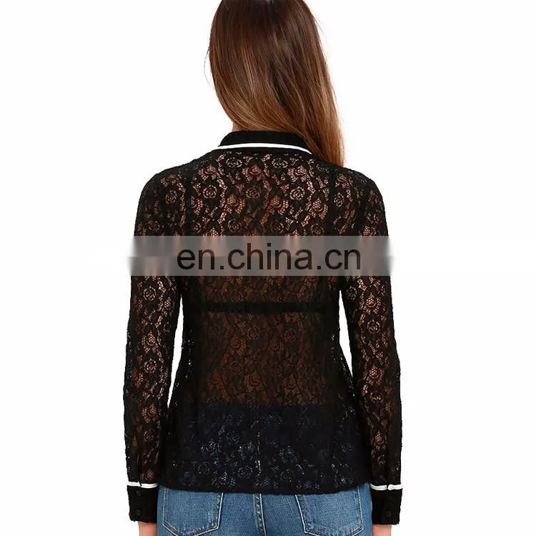 2017 New Sexy See Through Hollow Out Black Sheer Women Lace Tops Images of Ladies Casual Tops
