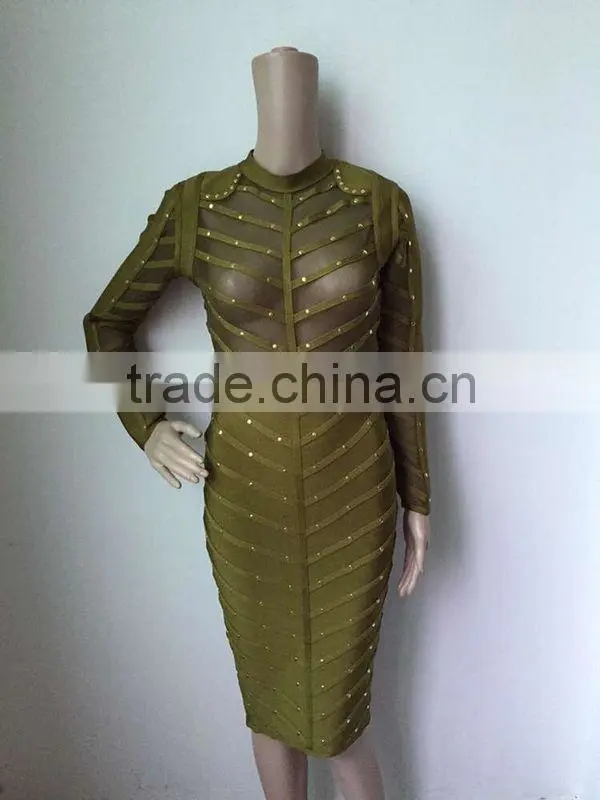 Summer dress army green black long sleeve mesh sey party women beading bandage Dress Bandage Bodycon Women Wearing