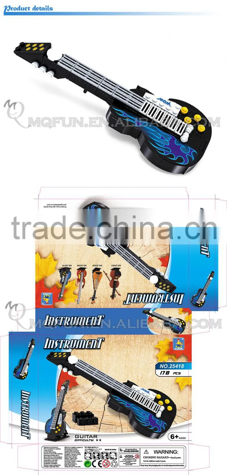 Mini Qute DIY kid cute kawaii musical instrument Bass guitar action figure plastic model building block educational toy NO.25418