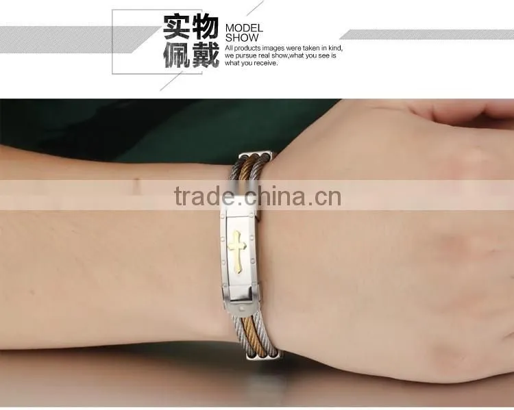 Wholesale Titanium steel man Bangles Three rows between steel wire armoured gold bracelet with cross