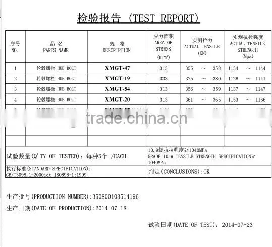 Truck wheel bolt and nuts m18x55/27