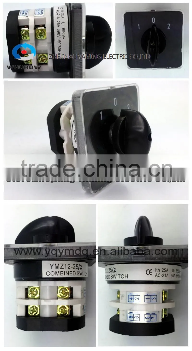 Rotary switch YMZ12-25/2 changeover cam combination switch 2 poles 3 positions 8 terminals 25A Ui 690V sliver point contacts