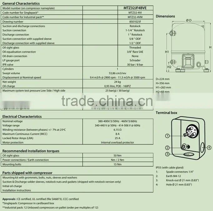 MTZ Series piston refrigeration Maneurop compressor MTZ32