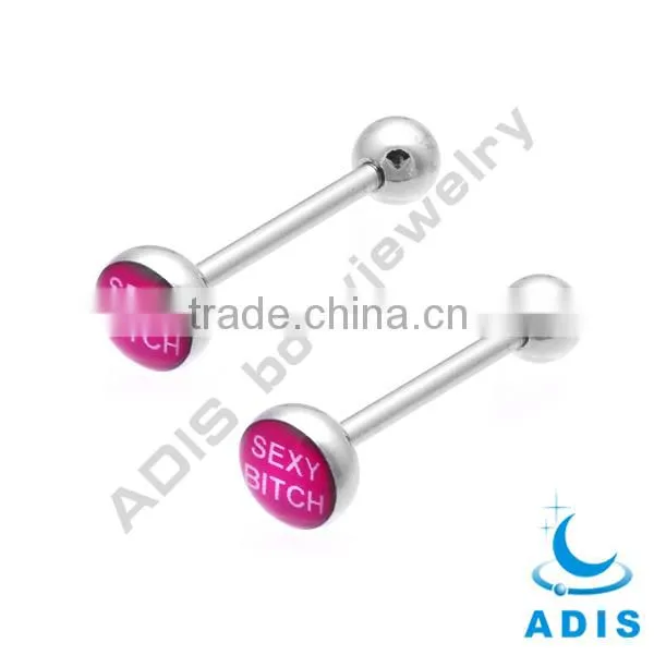 High polished surgical stainless steel tongue barbell with expoxied words logo