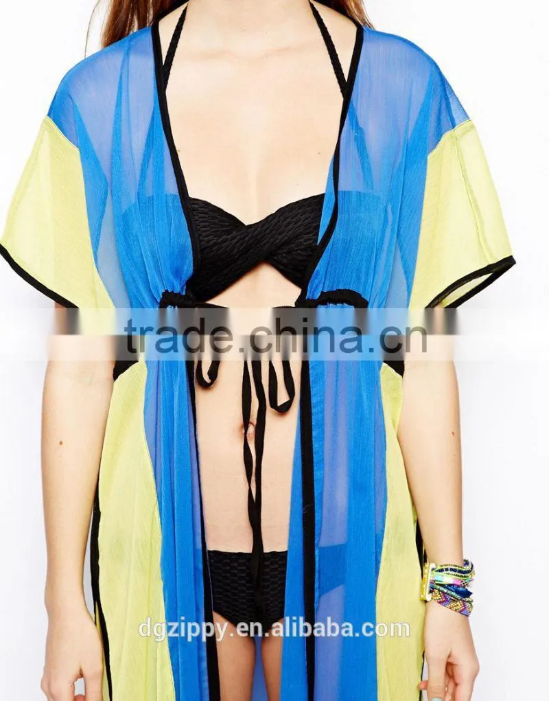 Self-tie color block beach kaftan dress long chiffon kaftan