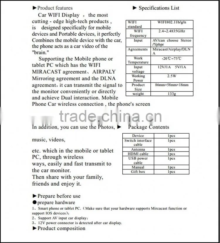 New Model of Car interface Miracast DLNA Airplay HDMI CVBS(AV) output for Android phone
