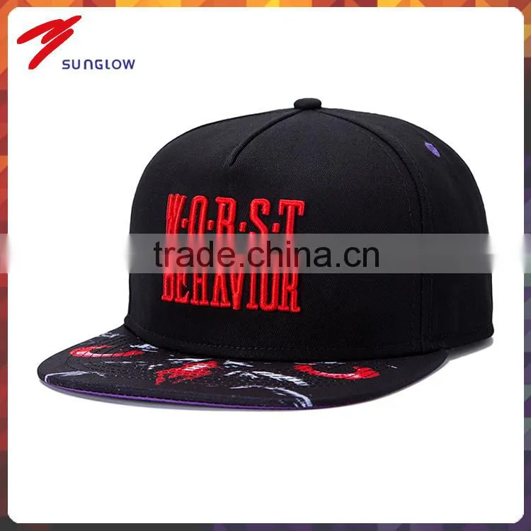 wholesale customize design your own logo black snapback caps with red color embroidery