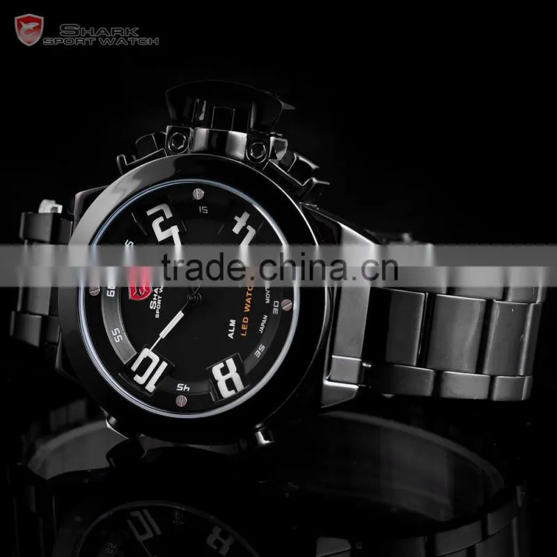 Shark LED Analog Digital Day Date Black Steel Mens Sports Quatrz Wrist Watch