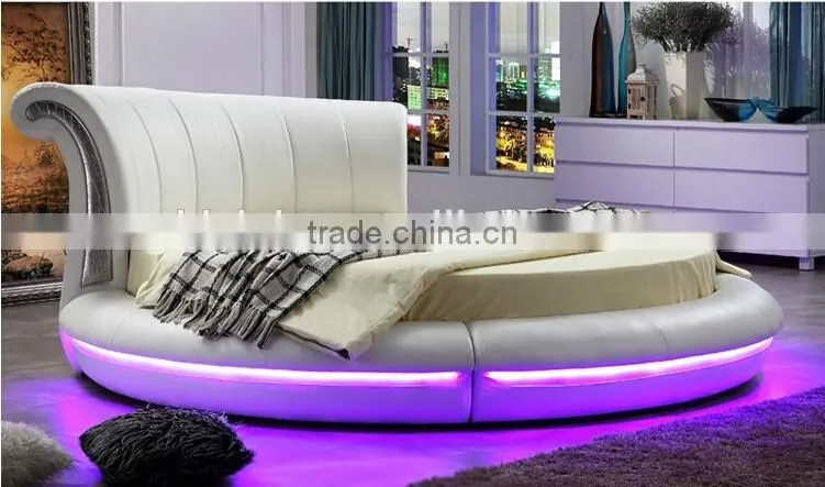 Bisini White Leather LED Round Bed, Luxury LED Round Bed