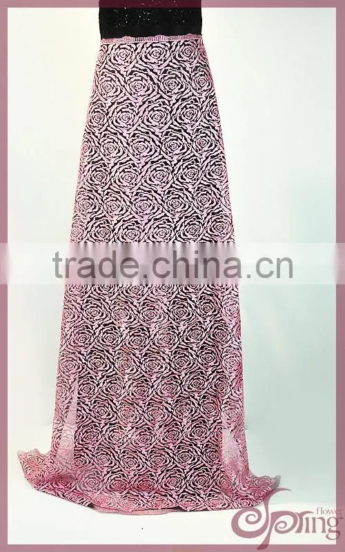 Pink roset embroidery lace fabric, silver metallic mesh lace embroidery
