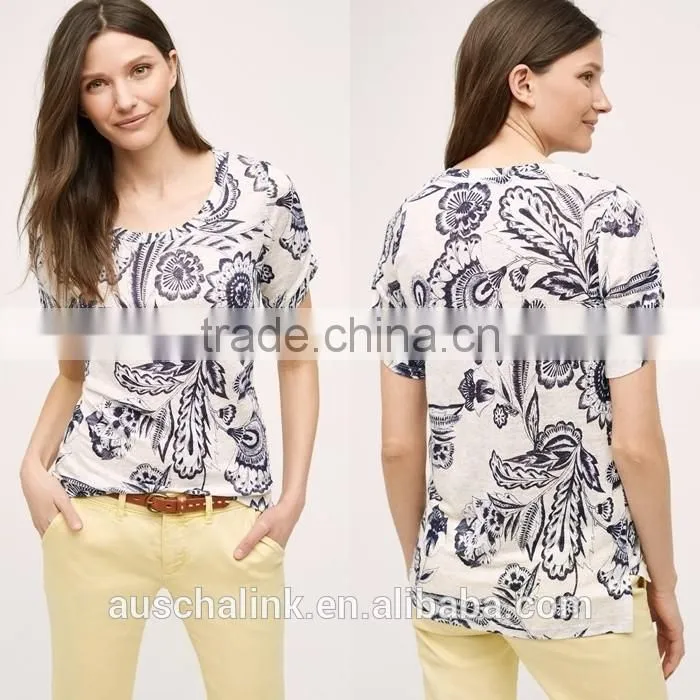 OEM lady new pattern floral print linen t shirt customized