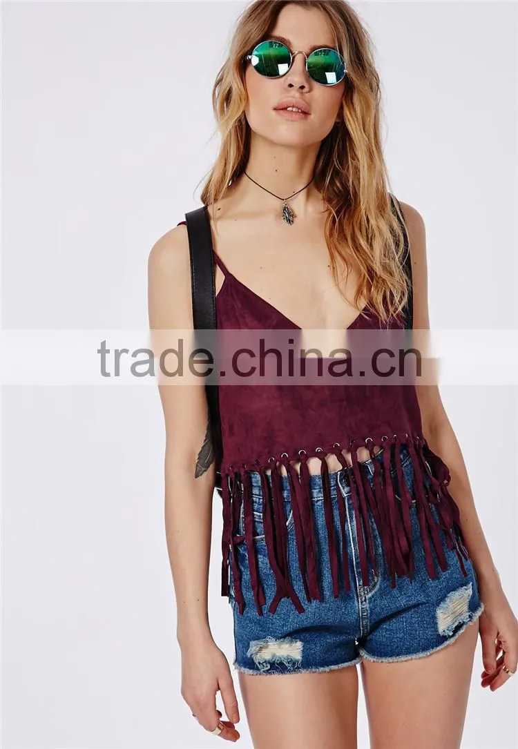Fringed plain wine red ladies plain crop top, spaghetti strap cami fringed crop top wholesale for ladies.