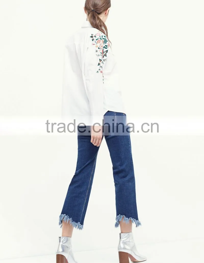 2017 spring and summer national style embroidered long sleeve blouse lapel embroidery white cotton shirt