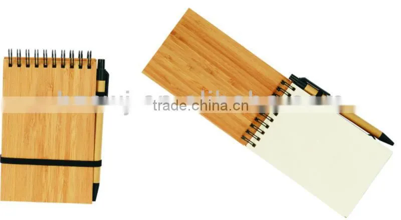 Wooden cover spiral notebook 70grams 70sheets 9*14cm with elasticity with recycle paper pen