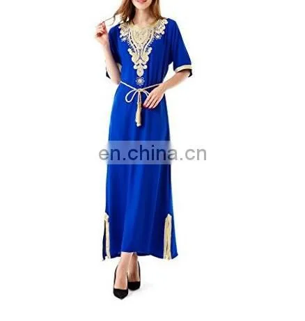 Embroidery gown with belts rayon soft and comfortable plain Abaya Muslim dresses(Mu052001)