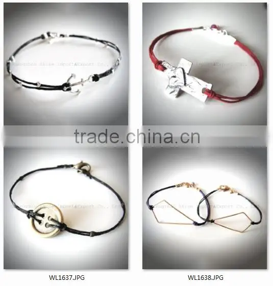 RetroStyle red rope wax cord bracelet metal heart charm bangle bracelet