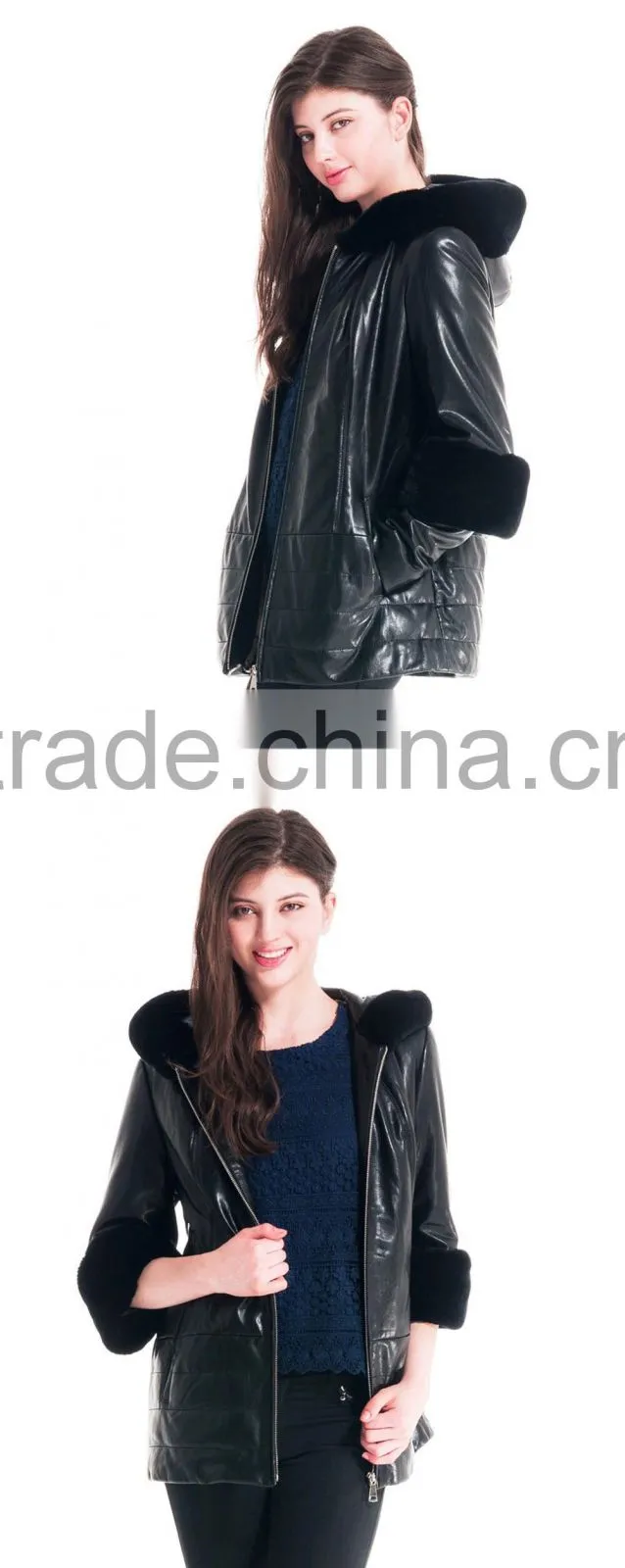 2016 New Design Winter Women Short Leather Coat With Rex Rabbit Hat Detachable Sleeveit Overcoat